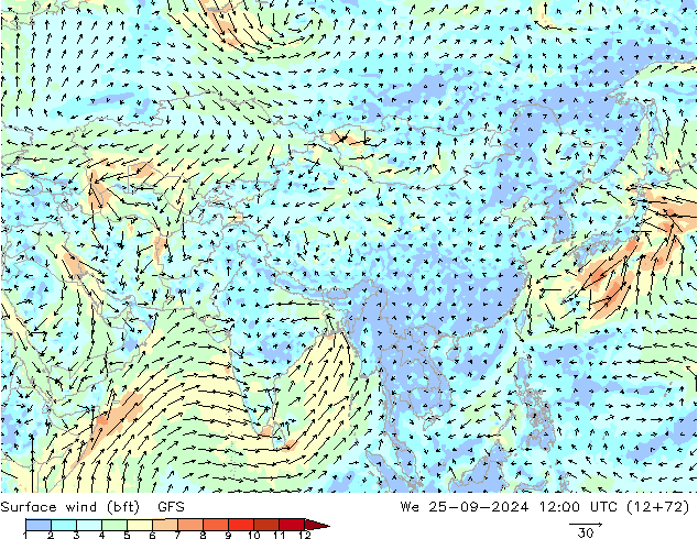 Surface wind (bft) GFS We 25.09.2024 12 UTC