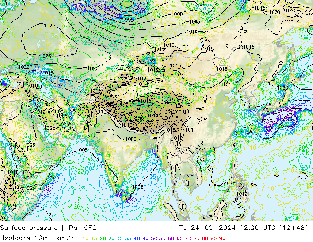 Isotachen (km/h) GFS Di 24.09.2024 12 UTC