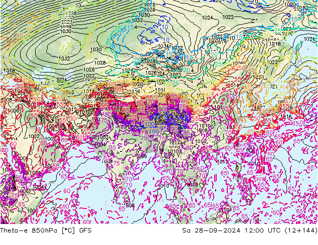 Theta-e 850гПа GFS сб 28.09.2024 12 UTC