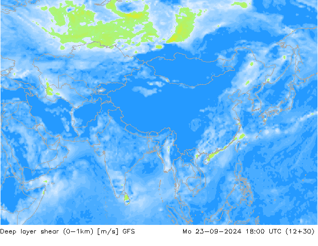 Deep layer shear (0-1km) GFS lun 23.09.2024 18 UTC