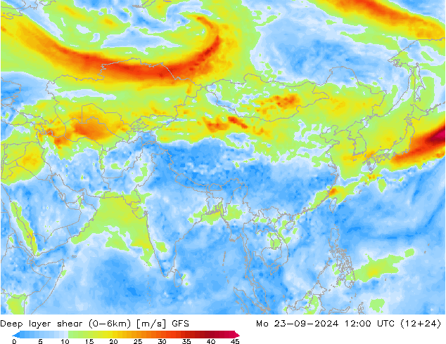 Deep layer shear (0-6km) GFS Mo 23.09.2024 12 UTC