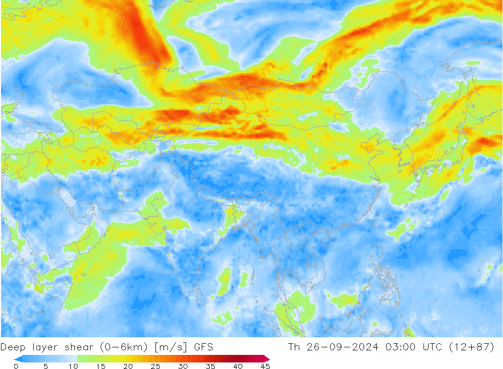 Deep layer shear (0-6km) GFS  26.09.2024 03 UTC