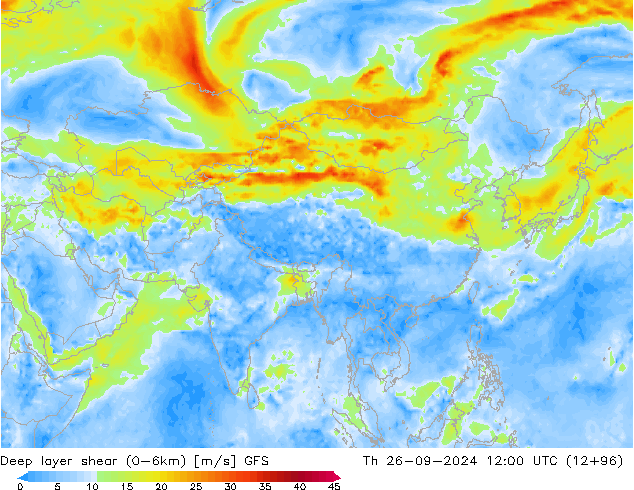 Deep layer shear (0-6km) GFS Th 26.09.2024 12 UTC