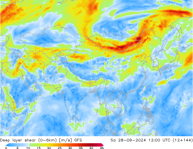 Deep layer shear (0-6km) GFS So 28.09.2024 12 UTC