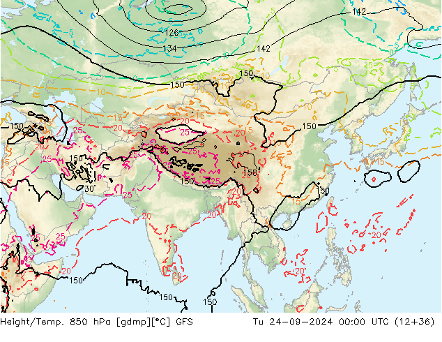 Height/Temp. 850 hPa GFS Ter 24.09.2024 00 UTC