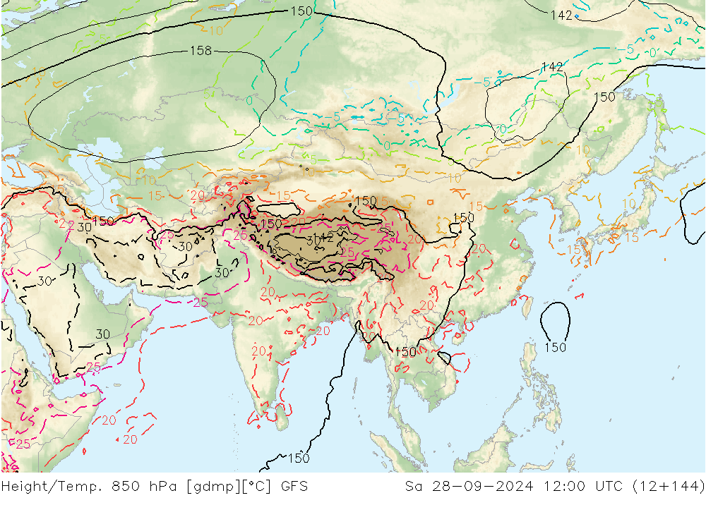 Height/Temp. 850 hPa GFS Sa 28.09.2024 12 UTC