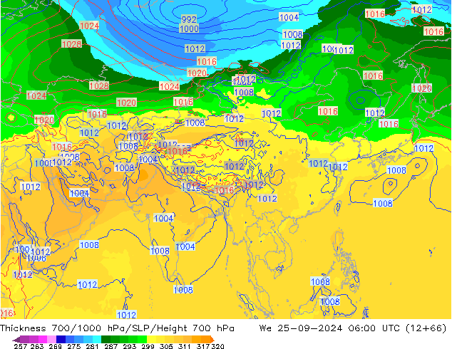 Thck 700-1000 hPa GFS śro. 25.09.2024 06 UTC