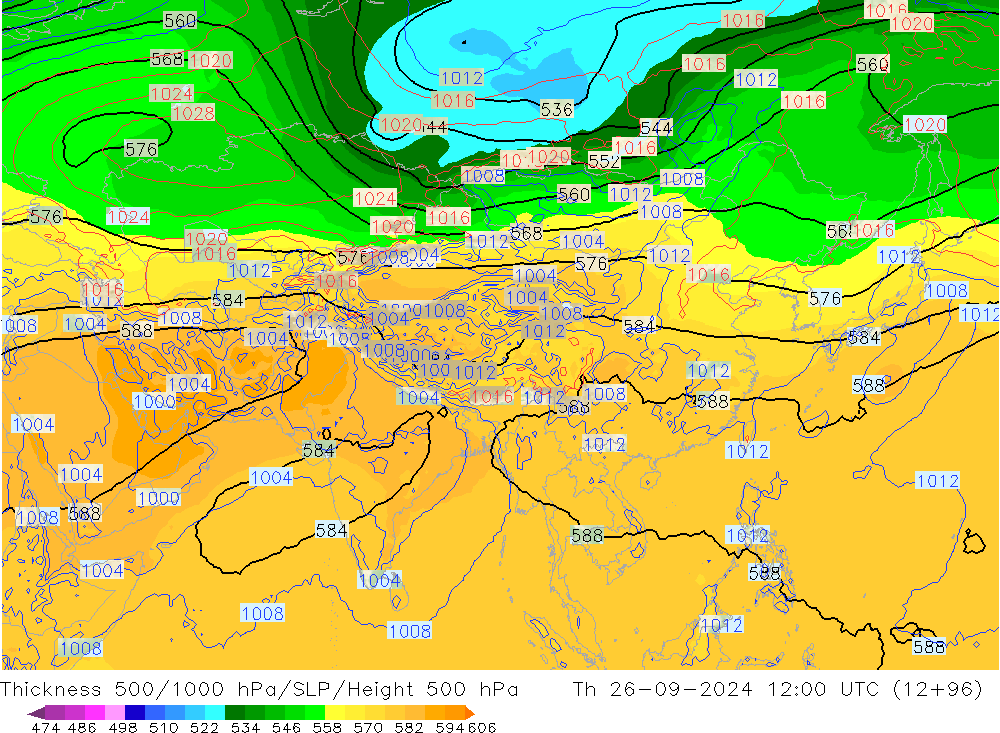 Thck 500-1000hPa GFS czw. 26.09.2024 12 UTC