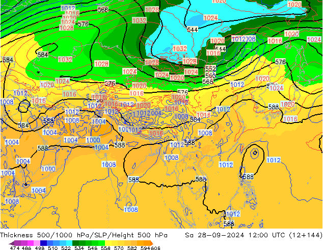 500-1000 hPa Kalınlığı GFS Cts 28.09.2024 12 UTC