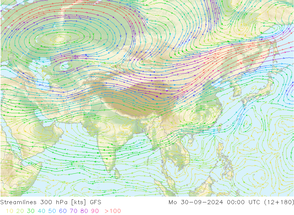 Streamlines 300 hPa GFS Po 30.09.2024 00 UTC