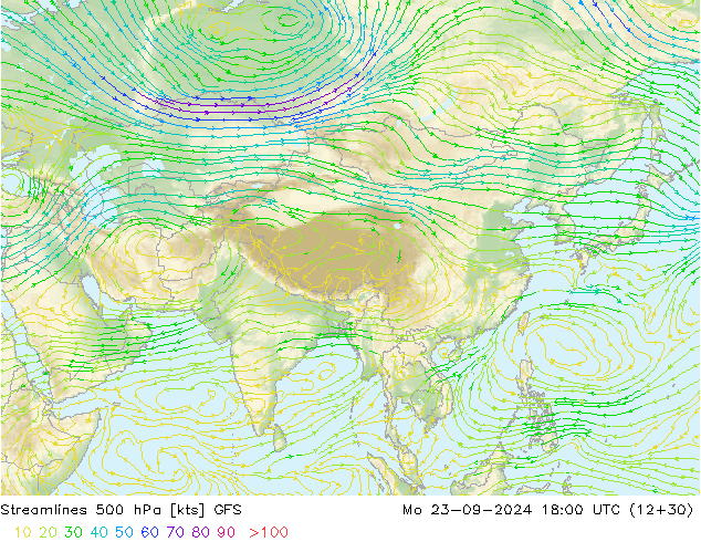 Linea di flusso 500 hPa GFS lun 23.09.2024 18 UTC