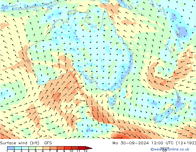 Vento 10 m (bft) GFS lun 30.09.2024 12 UTC