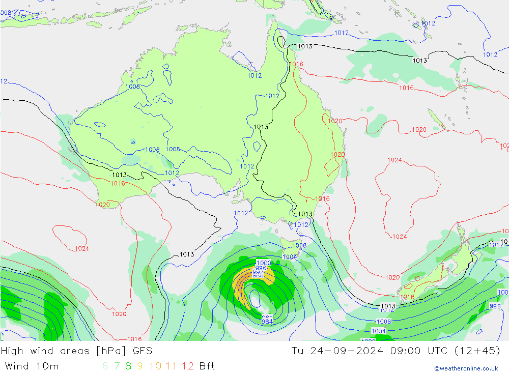 High wind areas GFS Tu 24.09.2024 09 UTC