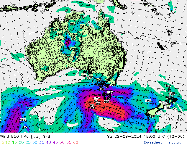 Vento 850 hPa GFS dom 22.09.2024 18 UTC