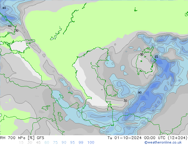 RH 700 гПа GFS вт 01.10.2024 00 UTC