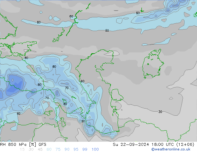 RH 850 hPa GFS Su 22.09.2024 18 UTC