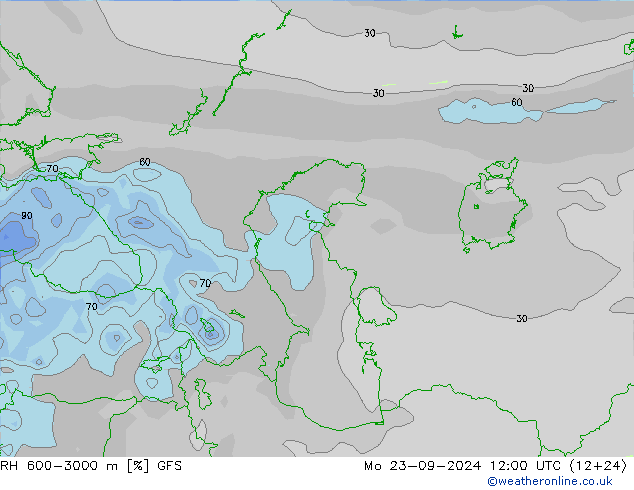 RH 600-3000 m GFS Mo 23.09.2024 12 UTC