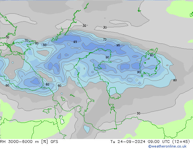 RH 3000-6000 m GFS вт 24.09.2024 09 UTC