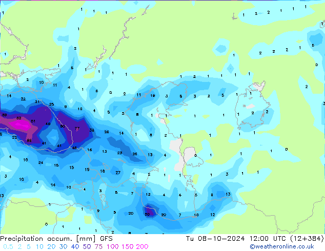 Precipitation accum. GFS Út 08.10.2024 12 UTC