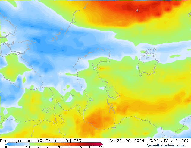 Deep layer shear (0-6km) GFS Ne 22.09.2024 18 UTC