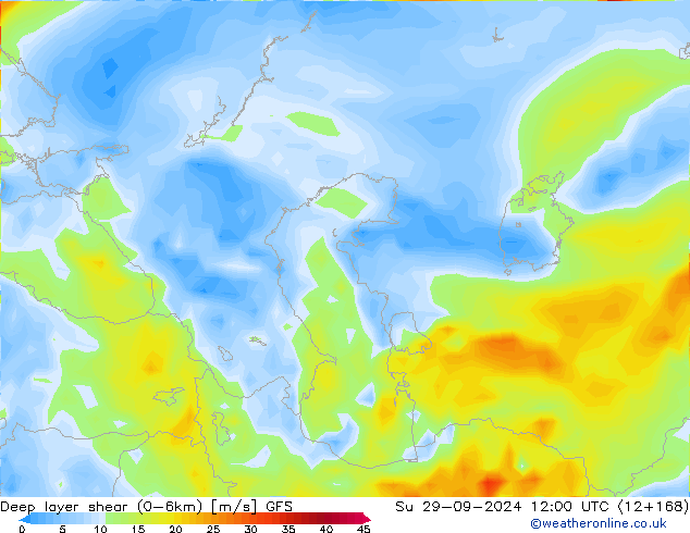 Deep layer shear (0-6km) GFS Paz 29.09.2024 12 UTC