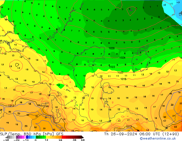 SLP/Temp. 850 hPa GFS Th 26.09.2024 06 UTC