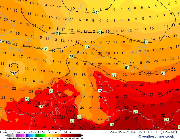 Height/Temp. 925 hPa GFS wto. 24.09.2024 12 UTC