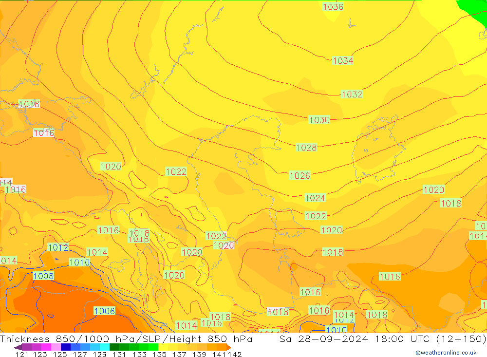 Dikte 850-1000 hPa GFS za 28.09.2024 18 UTC