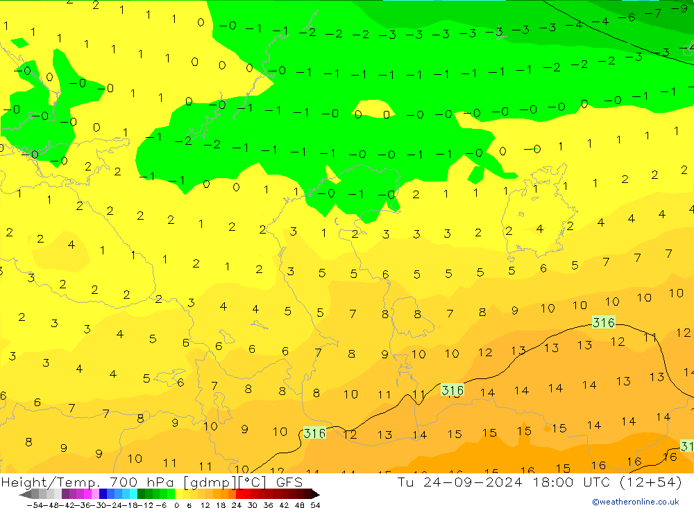 Height/Temp. 700 hPa GFS Út 24.09.2024 18 UTC