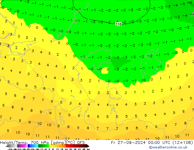 Height/Temp. 700 hPa GFS Fr 27.09.2024 00 UTC