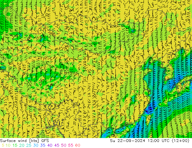 wiatr 10 m GFS nie. 22.09.2024 12 UTC