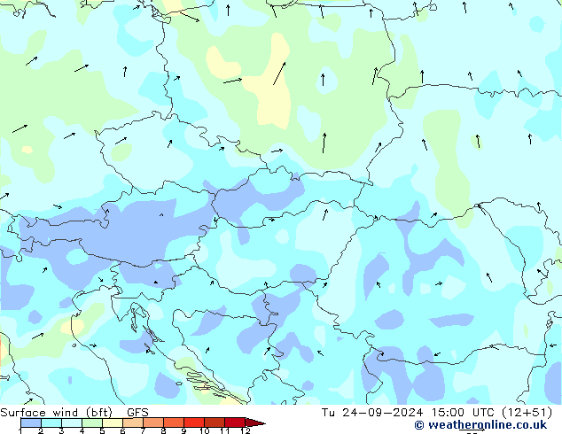 Surface wind (bft) GFS Tu 24.09.2024 15 UTC