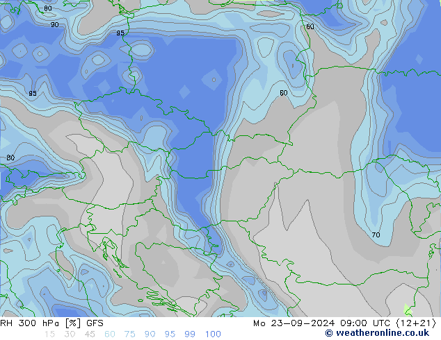 RH 300 hPa GFS lun 23.09.2024 09 UTC