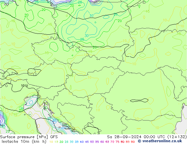 Isotachs (kph) GFS Sa 28.09.2024 00 UTC