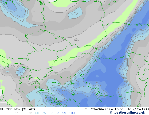 Humidité rel. 700 hPa GFS dim 29.09.2024 18 UTC