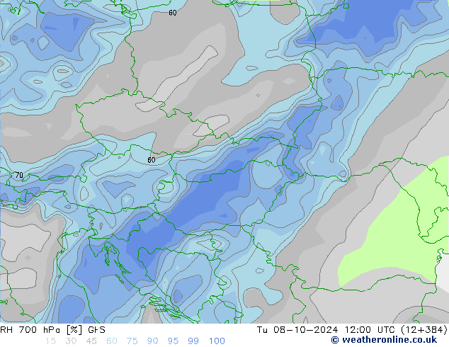 RH 700 hPa GFS Tu 08.10.2024 12 UTC