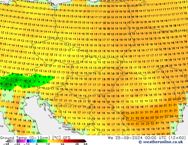 Temperatura del suelo (0-10cm) GFS mié 25.09.2024 00 UTC