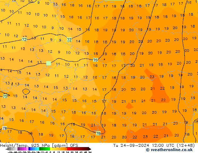 Height/Temp. 925 hPa GFS Tu 24.09.2024 12 UTC