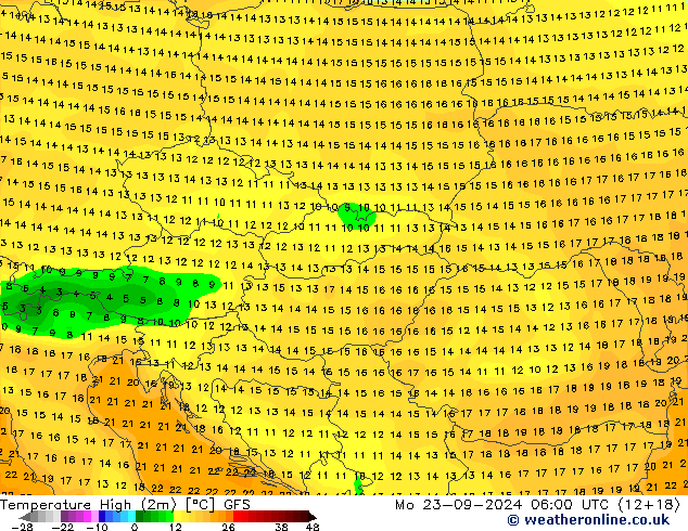 Темпер. макс 2т GFS пн 23.09.2024 06 UTC