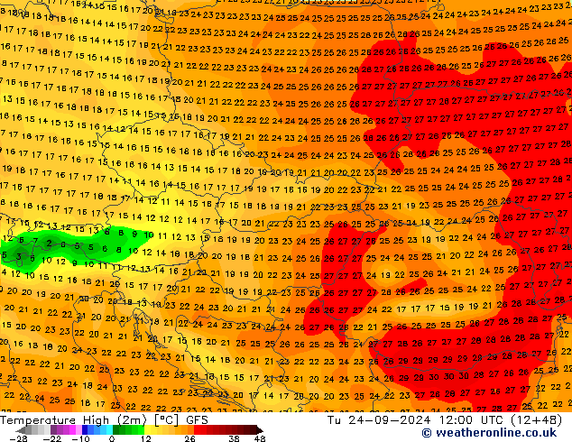 Nejvyšší teplota (2m) GFS Út 24.09.2024 12 UTC