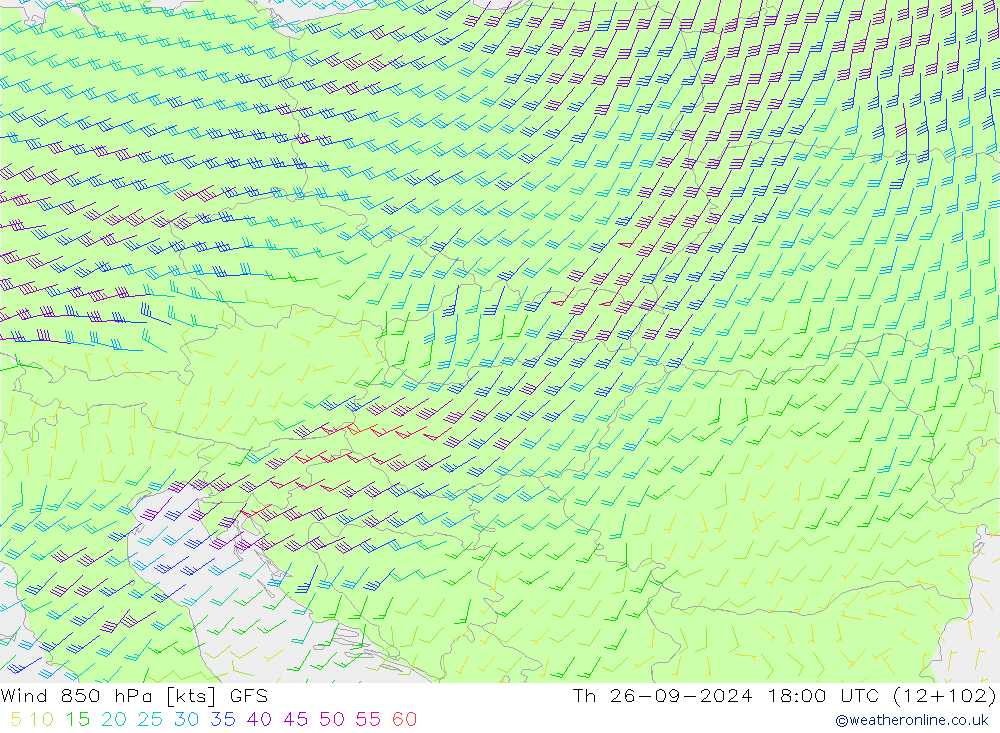 Wind 850 hPa GFS do 26.09.2024 18 UTC