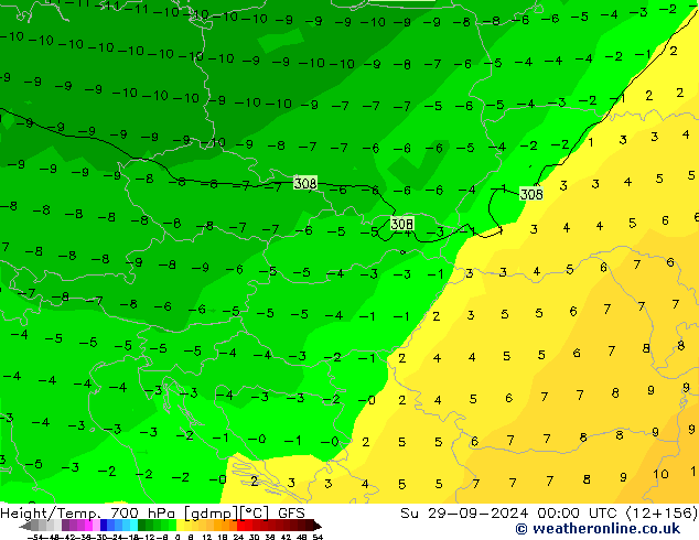 Height/Temp. 700 hPa GFS dom 29.09.2024 00 UTC