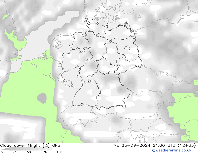 zachmurzenie (wysokie) GFS pon. 23.09.2024 21 UTC