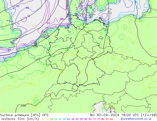 Isotachs (kph) GFS Mo 30.09.2024 18 UTC