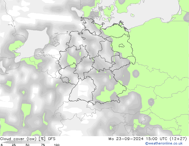 Cloud cover (low) GFS Mo 23.09.2024 15 UTC