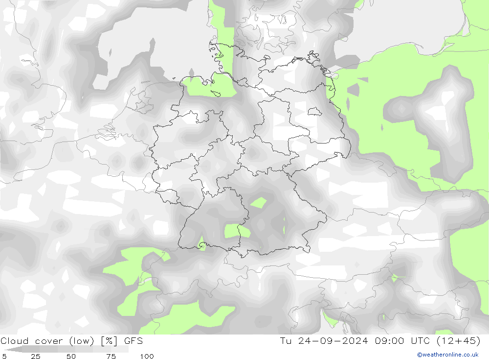 Cloud cover (low) GFS Tu 24.09.2024 09 UTC