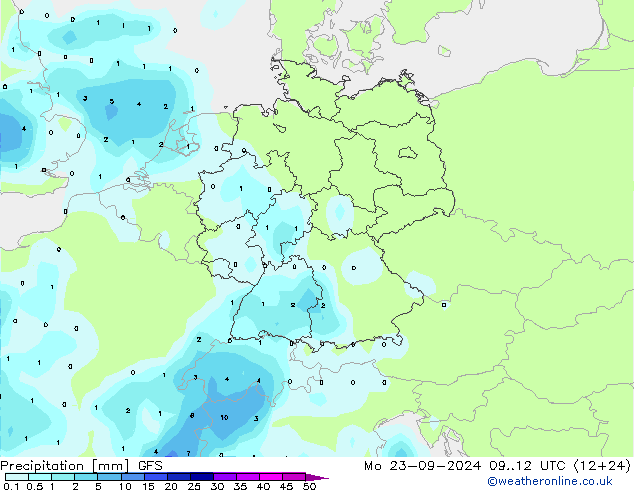 Srážky GFS Po 23.09.2024 12 UTC