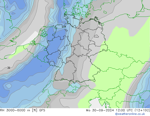 RH 3000-6000 m GFS Mo 30.09.2024 12 UTC