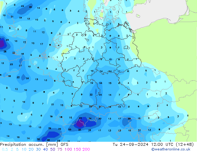 Precipitation accum. GFS Tu 24.09.2024 12 UTC