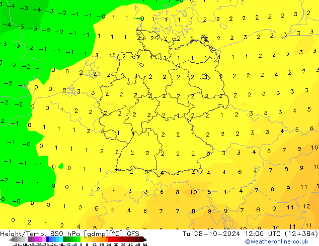 Height/Temp. 850 hPa GFS Tu 08.10.2024 12 UTC